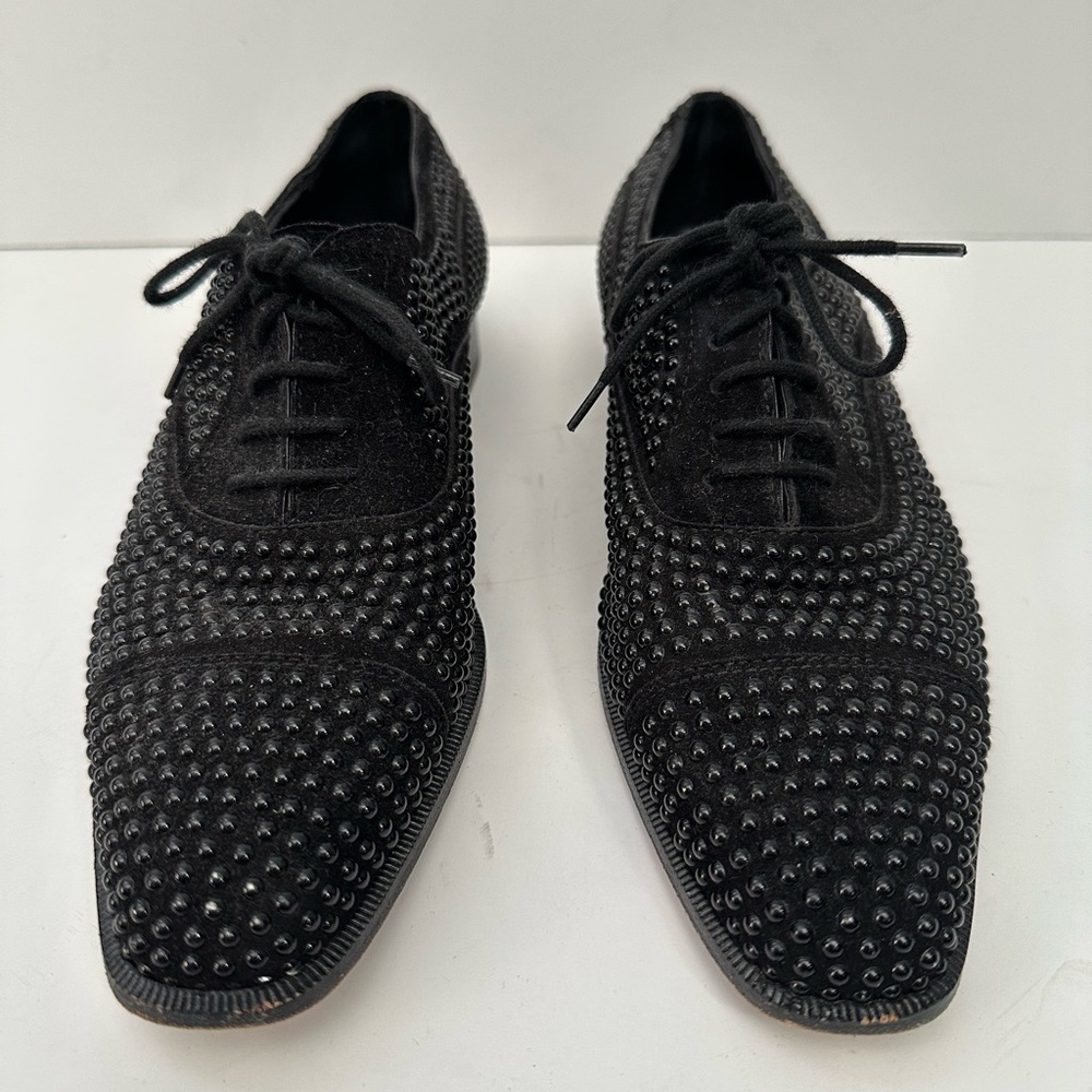 Manolo Blahnik Black Suede Oxford Studded Lace Up Shoes - Picture 3 of 11